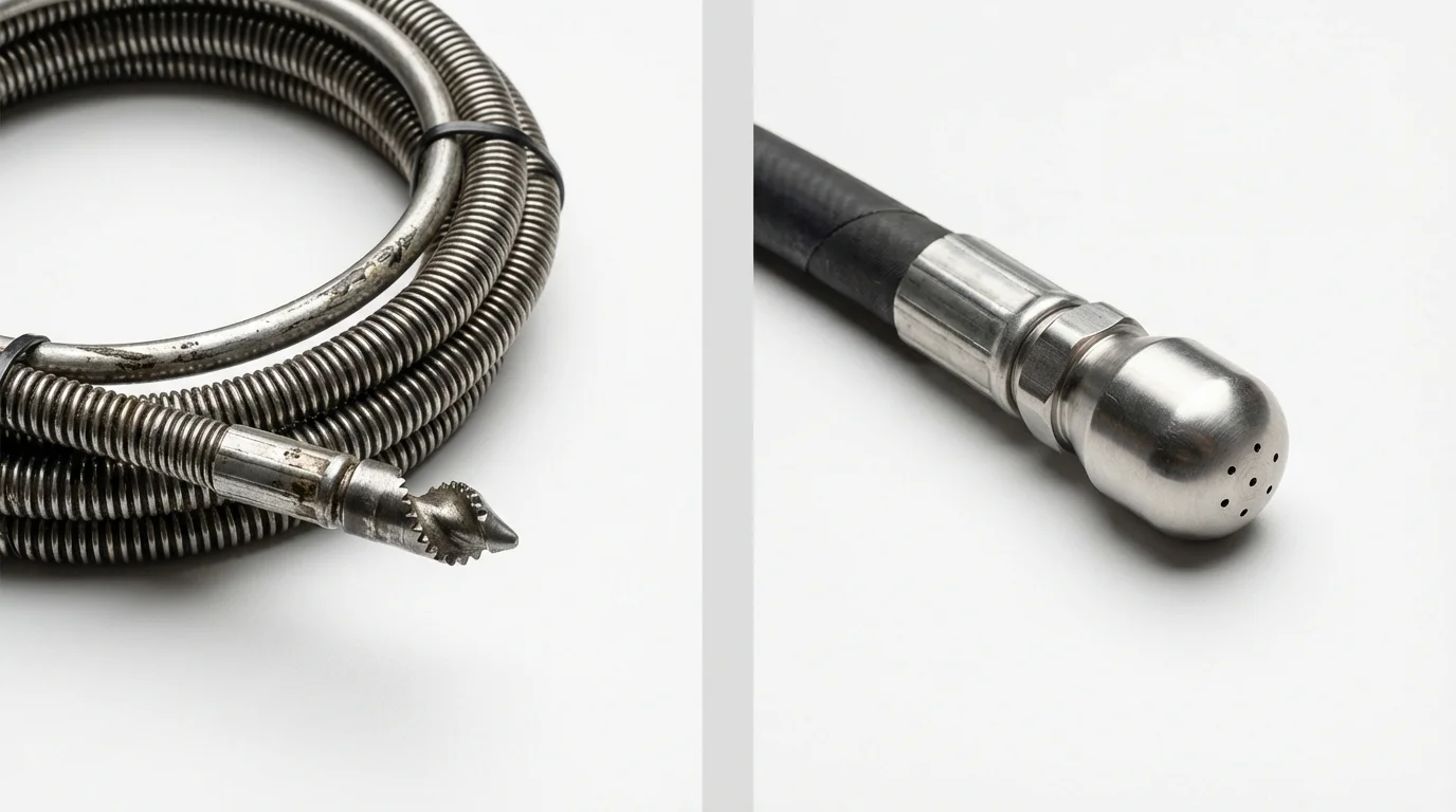 Drain snake cable and hydro jetting nozzle used for drain cleaning in Sherwood, WI