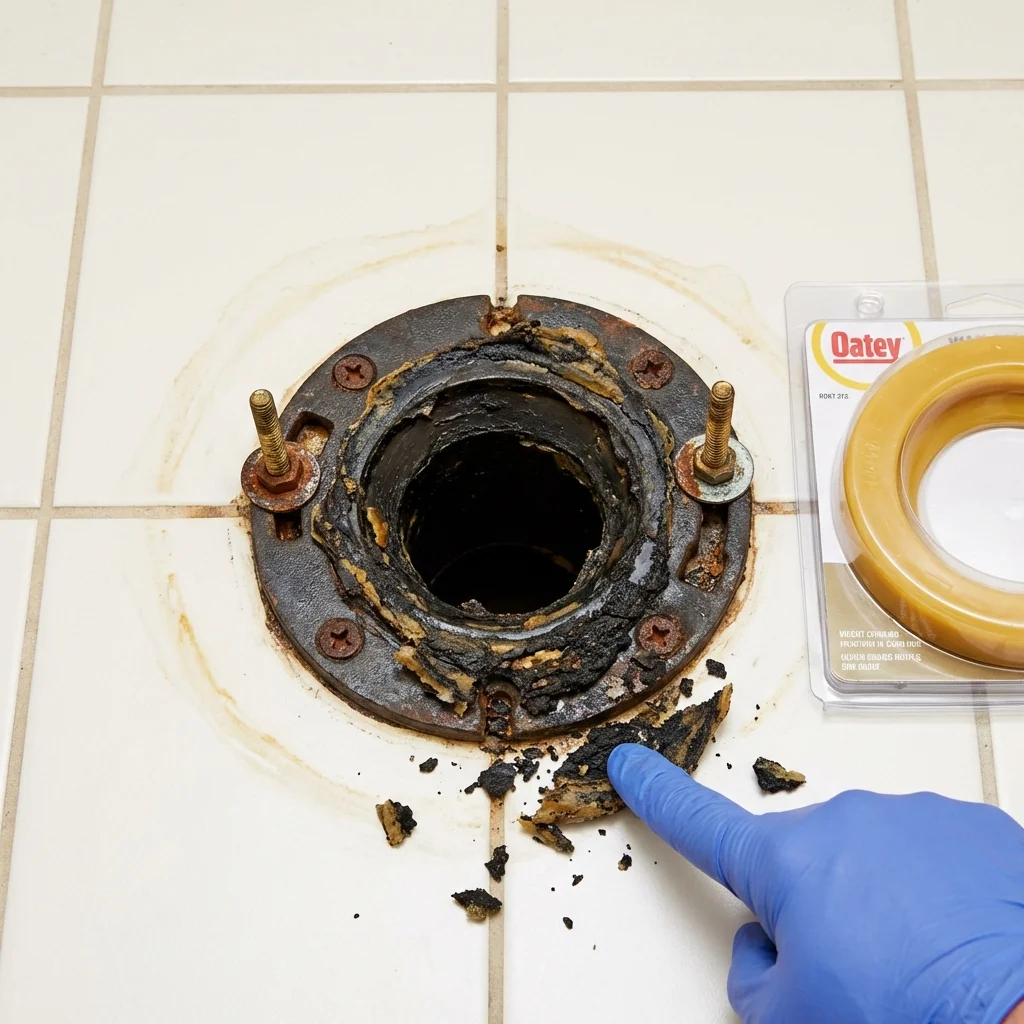 Failed wax ring showing water seepage at the base of a toilet in a Sherwood, WI home