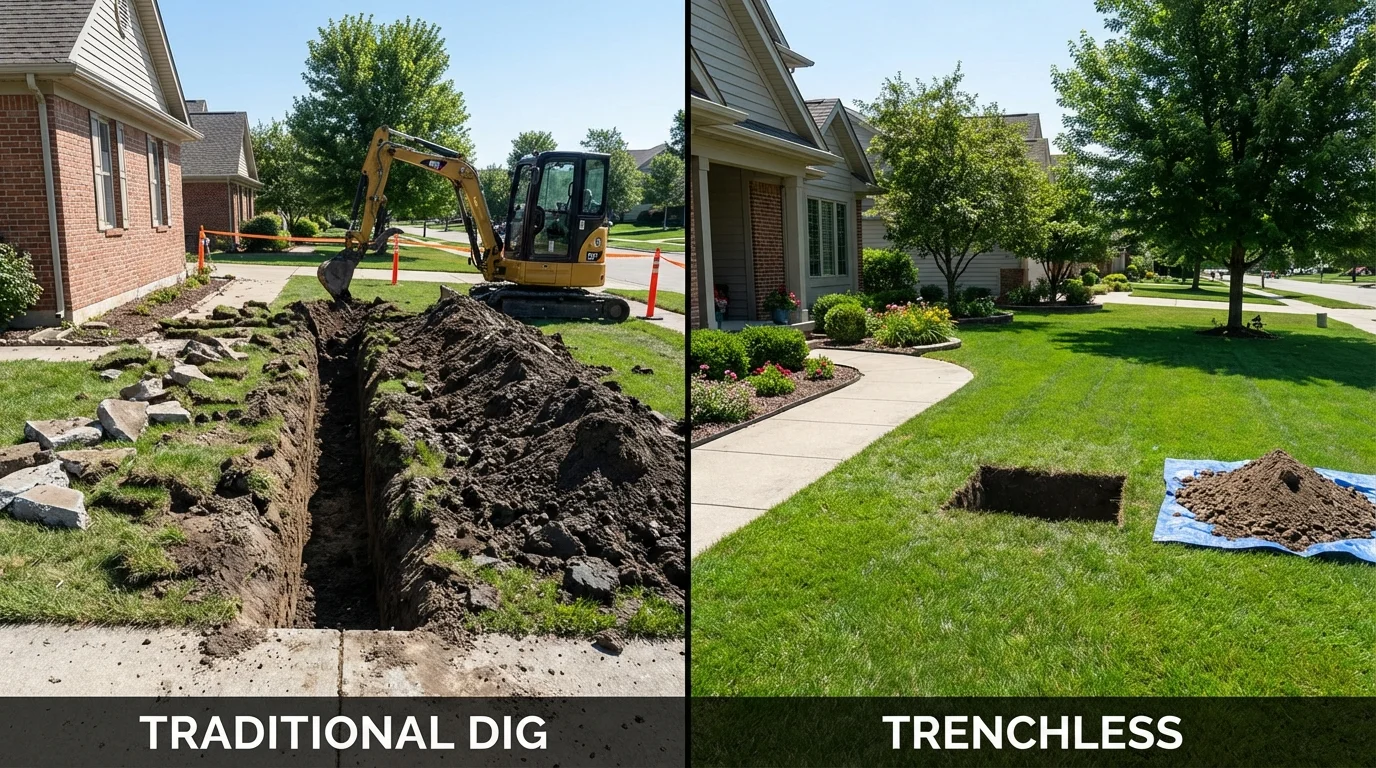 Trenchless sewer repair with minimal yard damage versus traditional excavation in Sherwood, WI