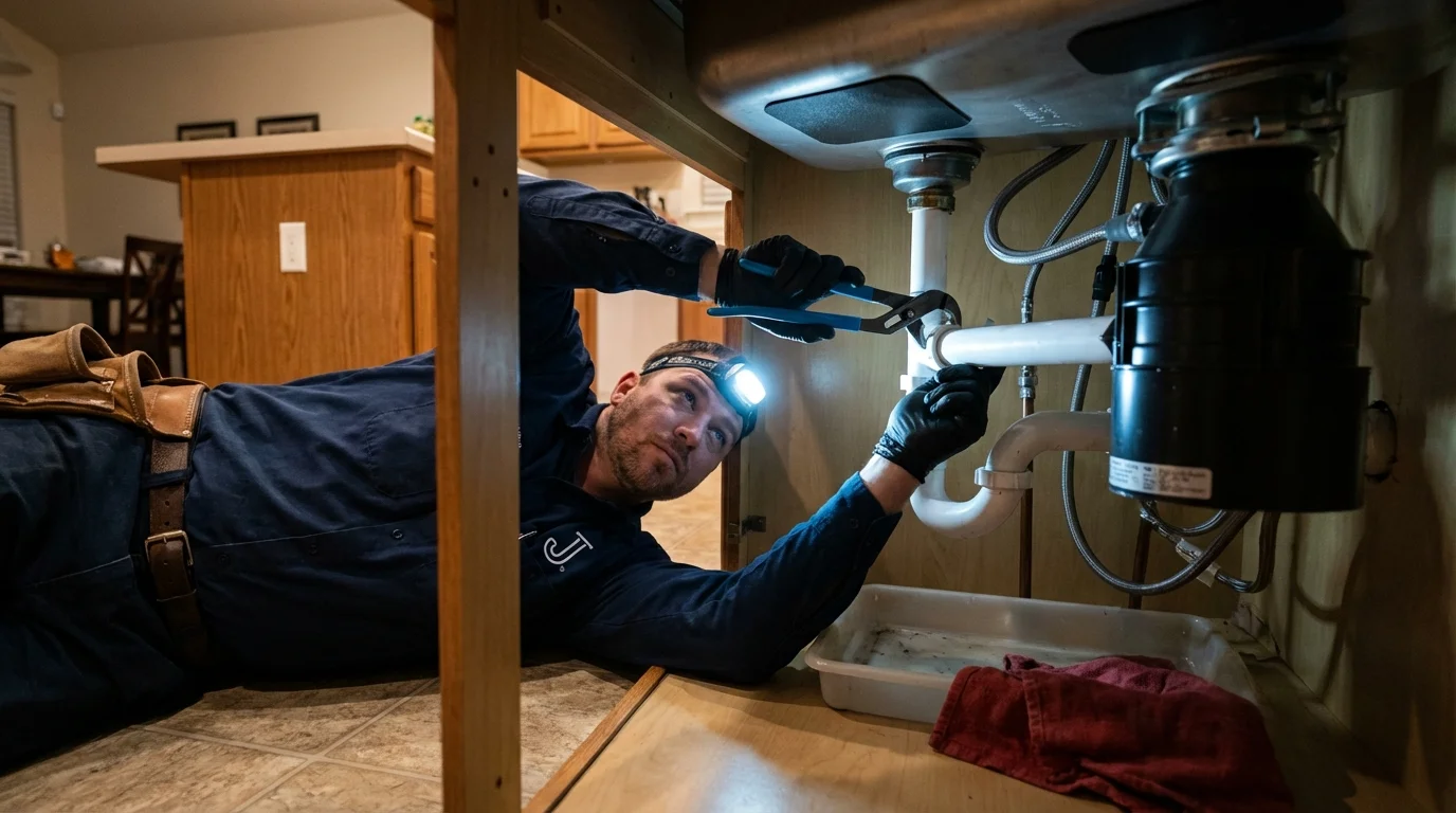 P-trap and supply line connections under a kitchen sink showing a common leak point in Sherwood, WI